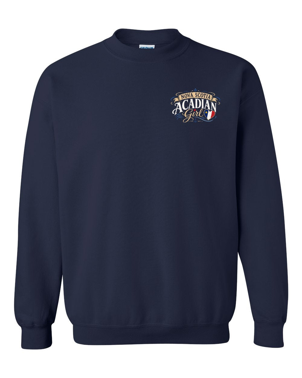 Nova Scotia Acadian Girl Left Chest Crewneck Sweatshirt in Navy