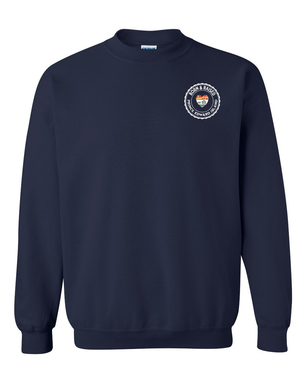 Born and Raised PEI Heart Flag Left Chest Crewneck Sweatshirt - Unisex