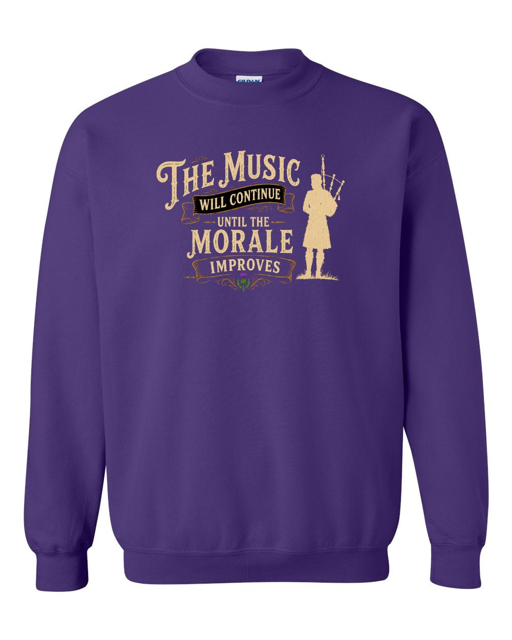 Muisic Will Continue Bagpipes Crewneck Sweatshirt in Purple