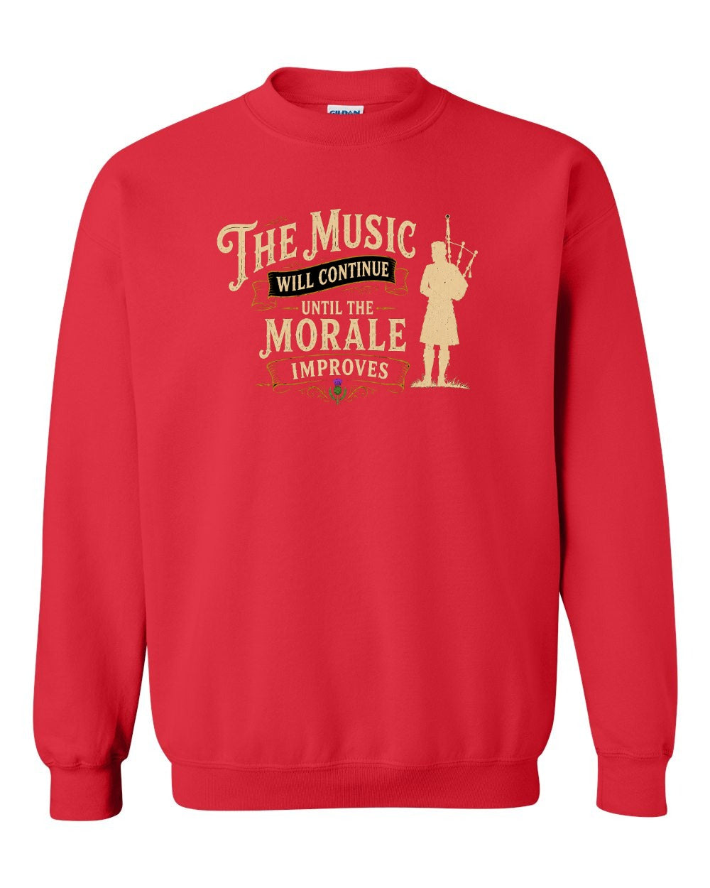 Muisic Will Continue Bagpipes Crewneck Sweatshirt in Red