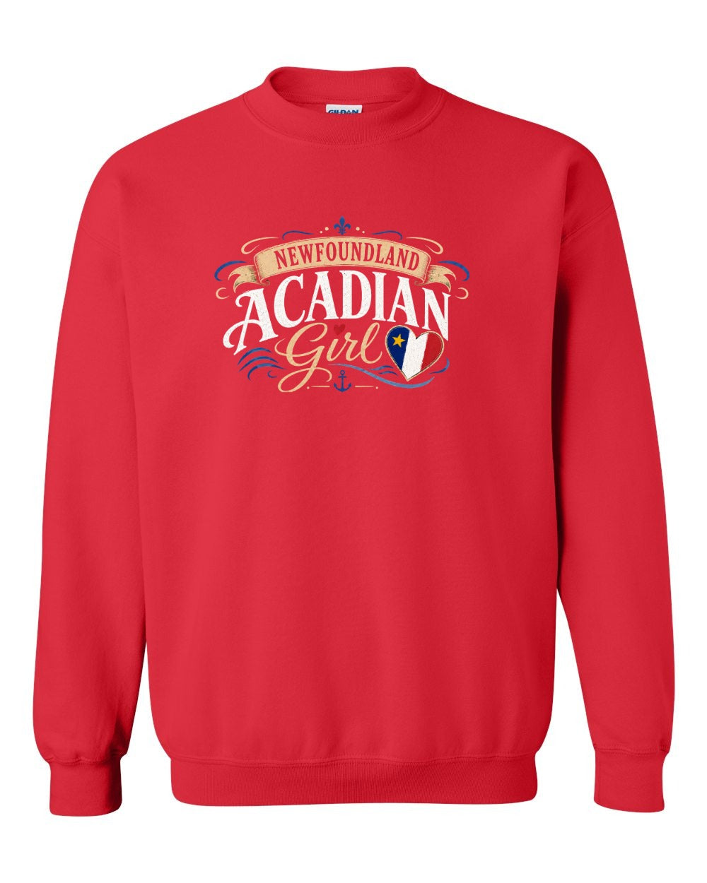 Newfoundland Acadian Girl Crewneck Sweatshirt in Red