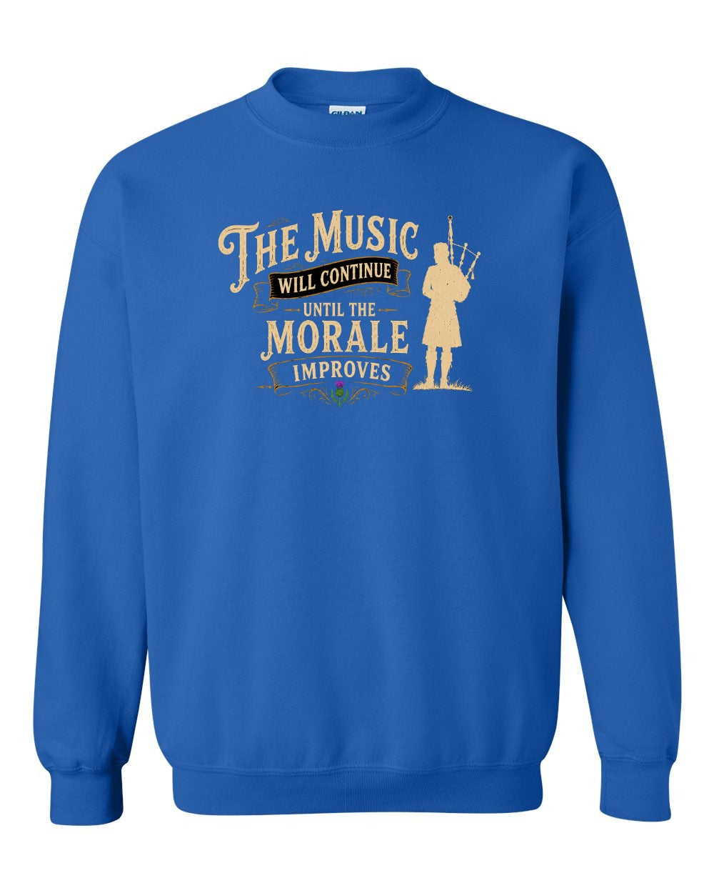 Muisic Will Continue Bagpipes Crewneck Sweatshirt in Royal