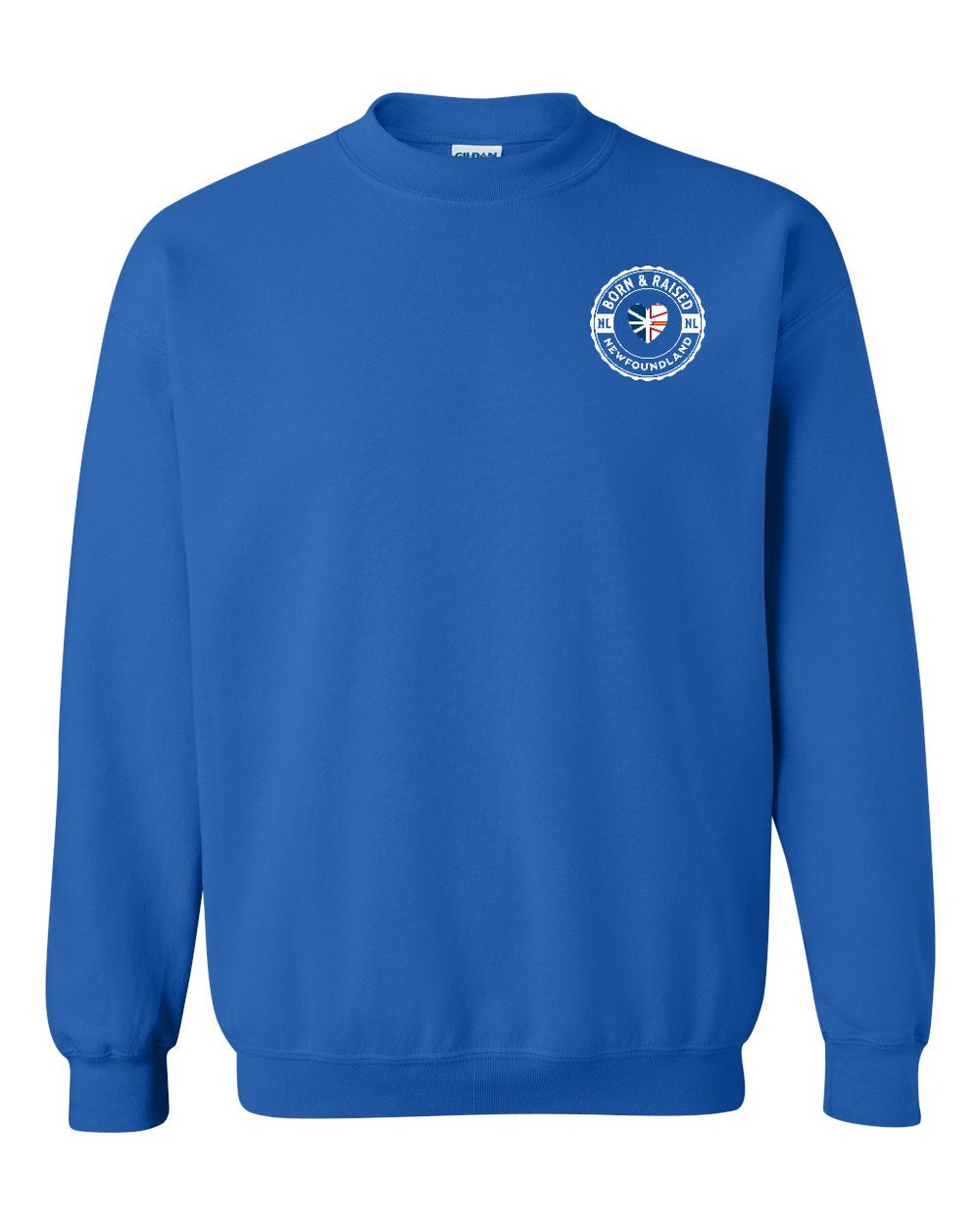 Born and Raised NFLD Heart Flag Left Chest & Back Crewneck Sweatshirt - Unisex