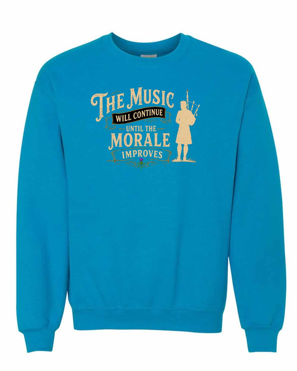 Muisic Will Continue Bagpipes Crewneck Sweatshirt in Sapphire