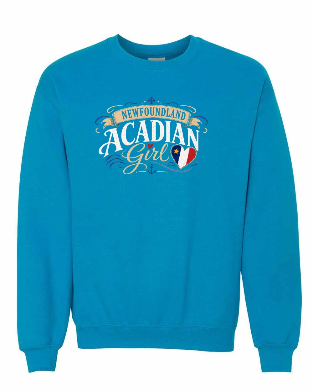Newfoundland Acadian Girl Crewneck Sweatshirt in Sapphire