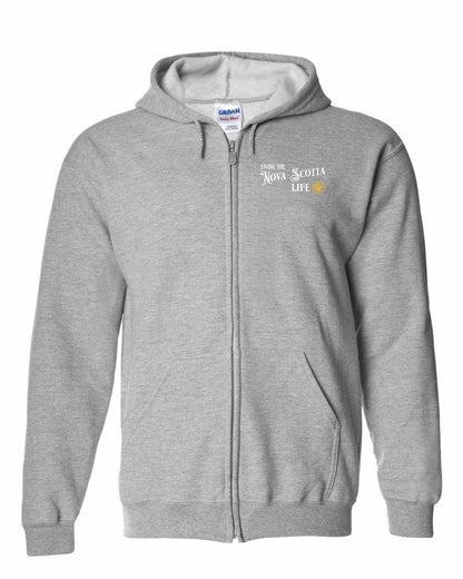 Living the Nova Scotia Life yellow Left Chest zip-hoodie