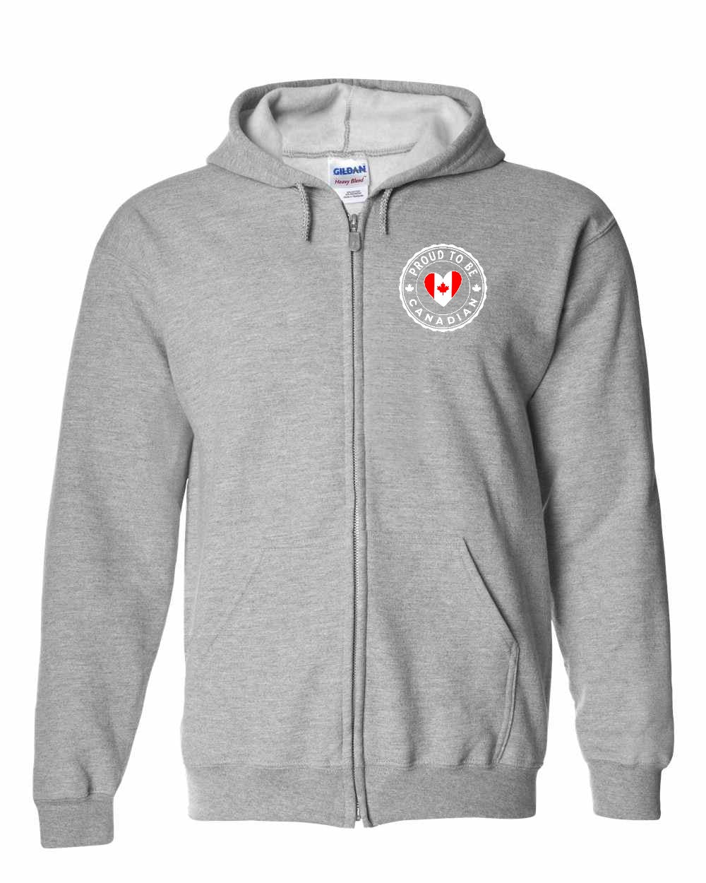 Proud to be Canadian Heart Flag Left Chest and Back Zip Hoodie - Gildan Canada (sewn Internationally)