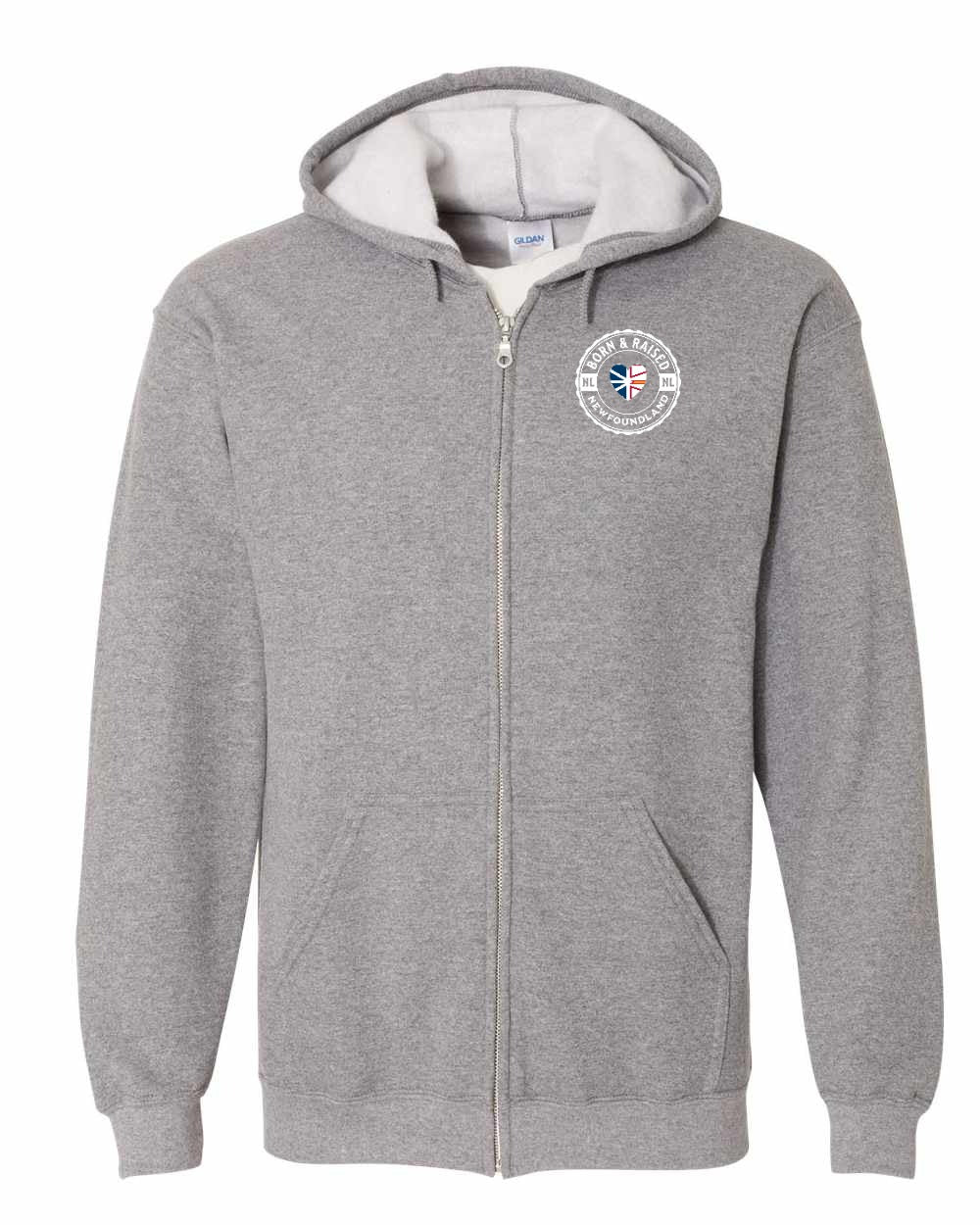Born and Raised NFLD Heart Flag Left Chest & Back Zip Hoodie - Unisex
