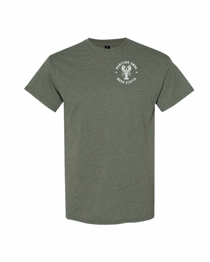 Maritime Swag Nova Scotia Mandala white Lobster Left Chest and Back mens-tee