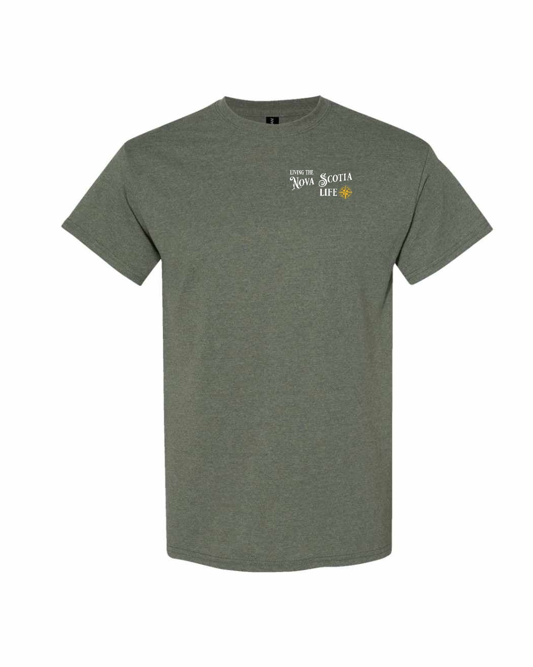Living the Nova Scotia Life yellow Left Chest mens-tee