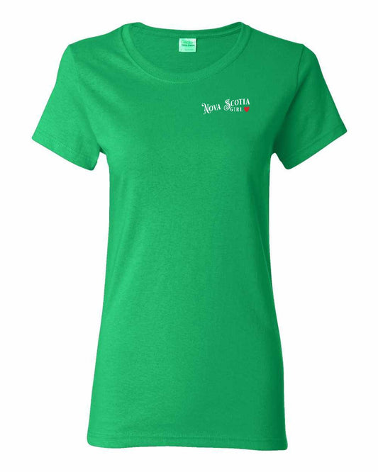 Nova Scotia Girl Red Heart Left Chest and Back womens-tee