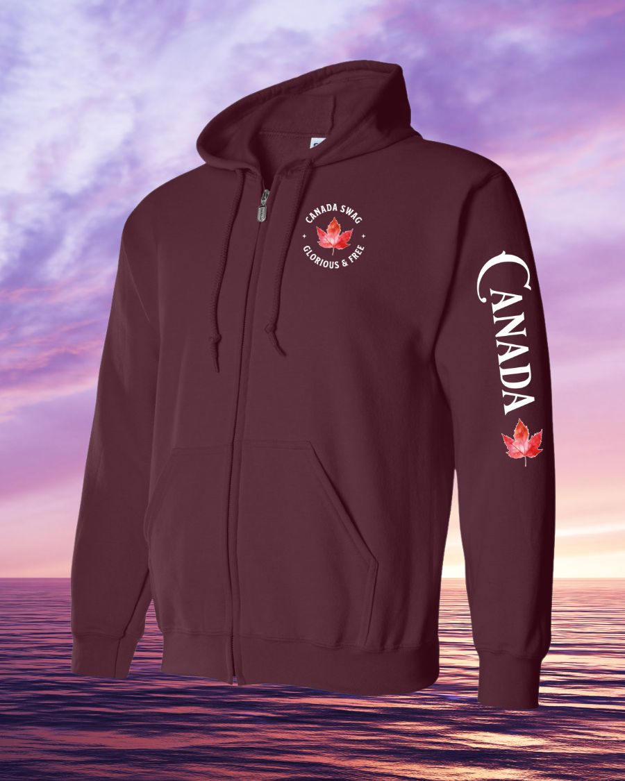 Canada Swag Glorious and Free leaf left chest and sleeve Zip hoodie