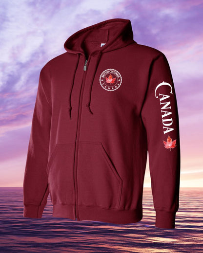 Born and Raised BC Canada left chest and sleeve Zip hoodie