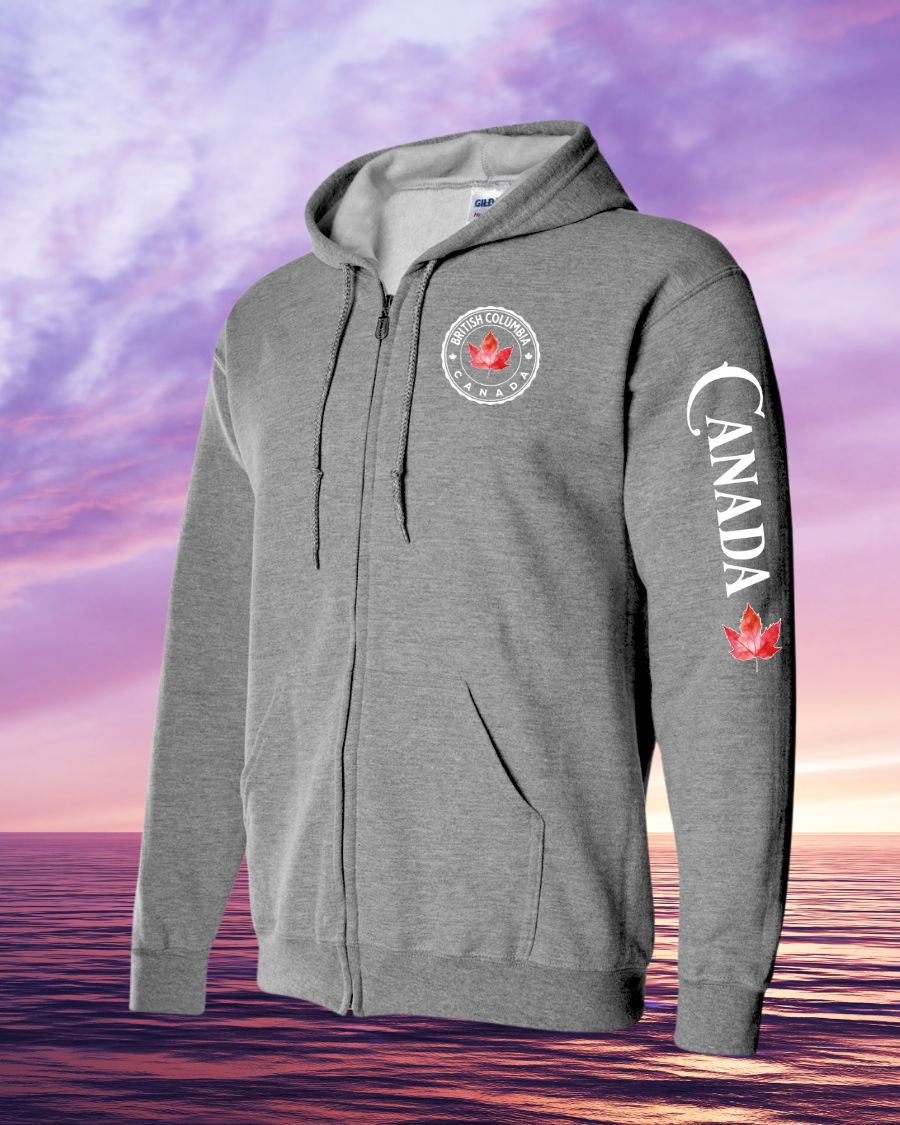 Born and Raised BC Canada left chest and sleeve Zip hoodie