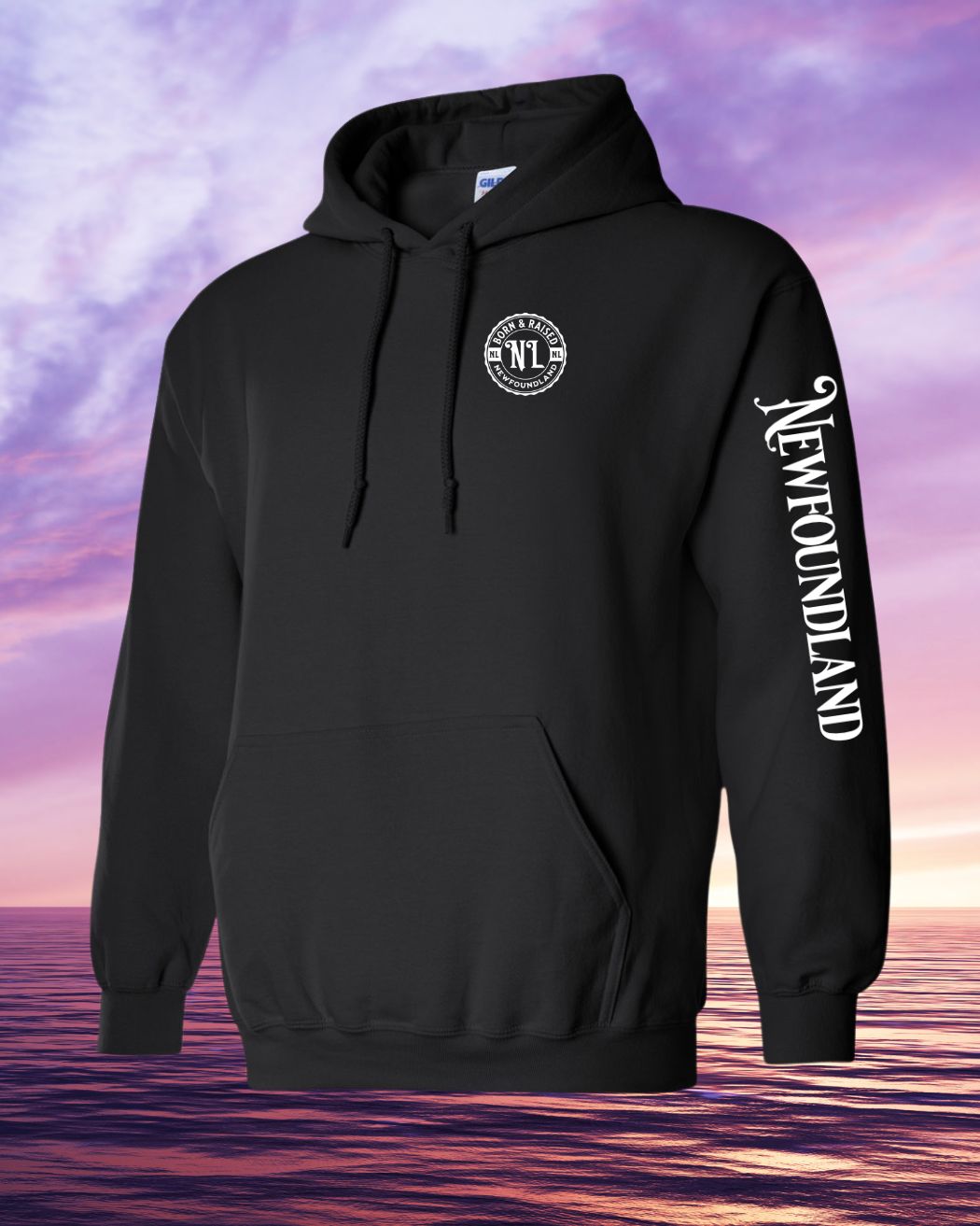 Born & Raised in Newfoundland Hoodie Left Chest and Sleeve