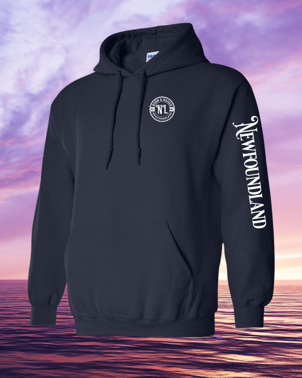 Born & Raised in Newfoundland Hoodie Left Chest and Sleeve