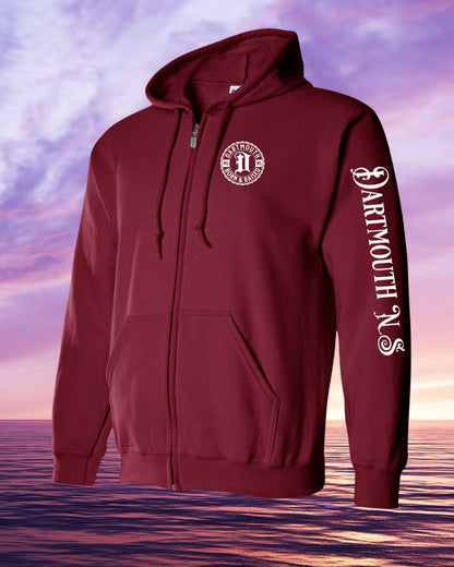 Born & Raised in Dartmouth left chest and sleeve Zip Hoodie