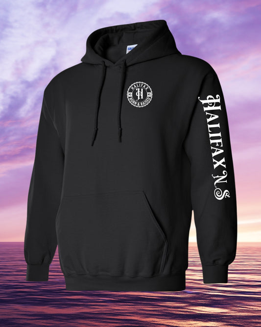 Born & Raised in Halifax left chest and sleeve Hoodie