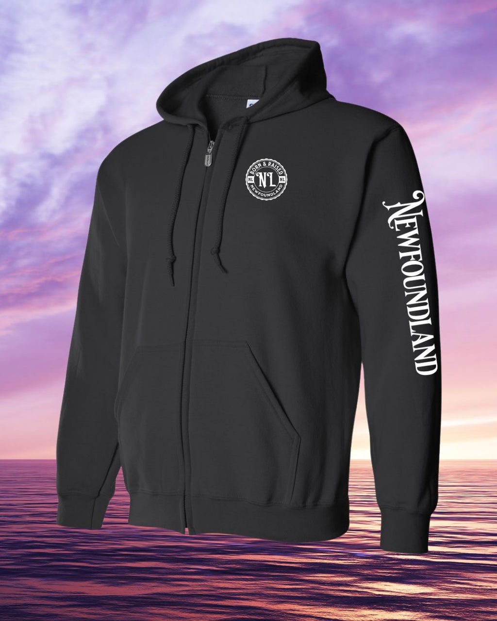 Born & Raised in NFLD left chest and sleeve Zip Hoodie - Unisex