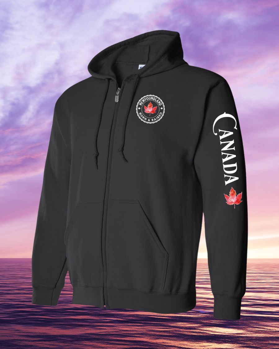 Born and Raised NFLD Canada left chest and sleeve Zip Hoodie - Unisex