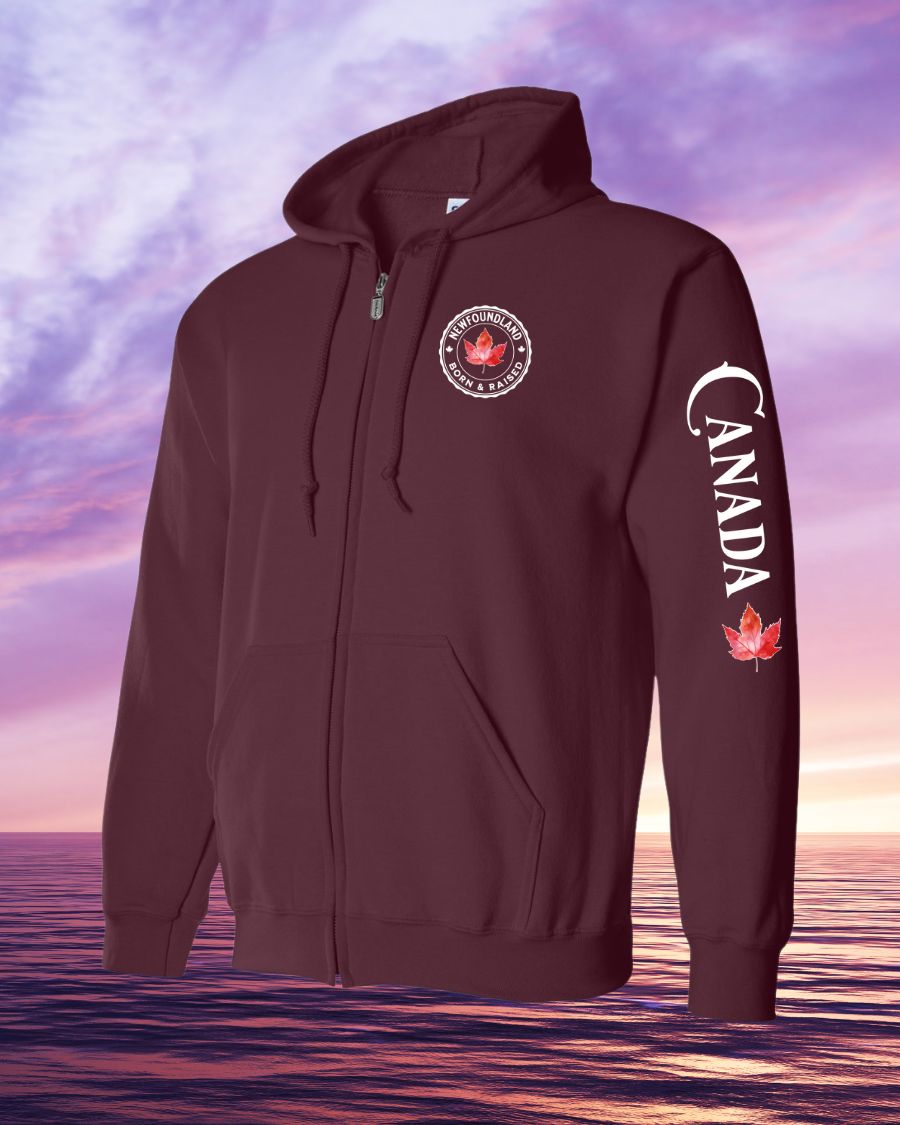 Born and Raised NFLD Canada left chest and sleeve Zip Hoodie - Unisex