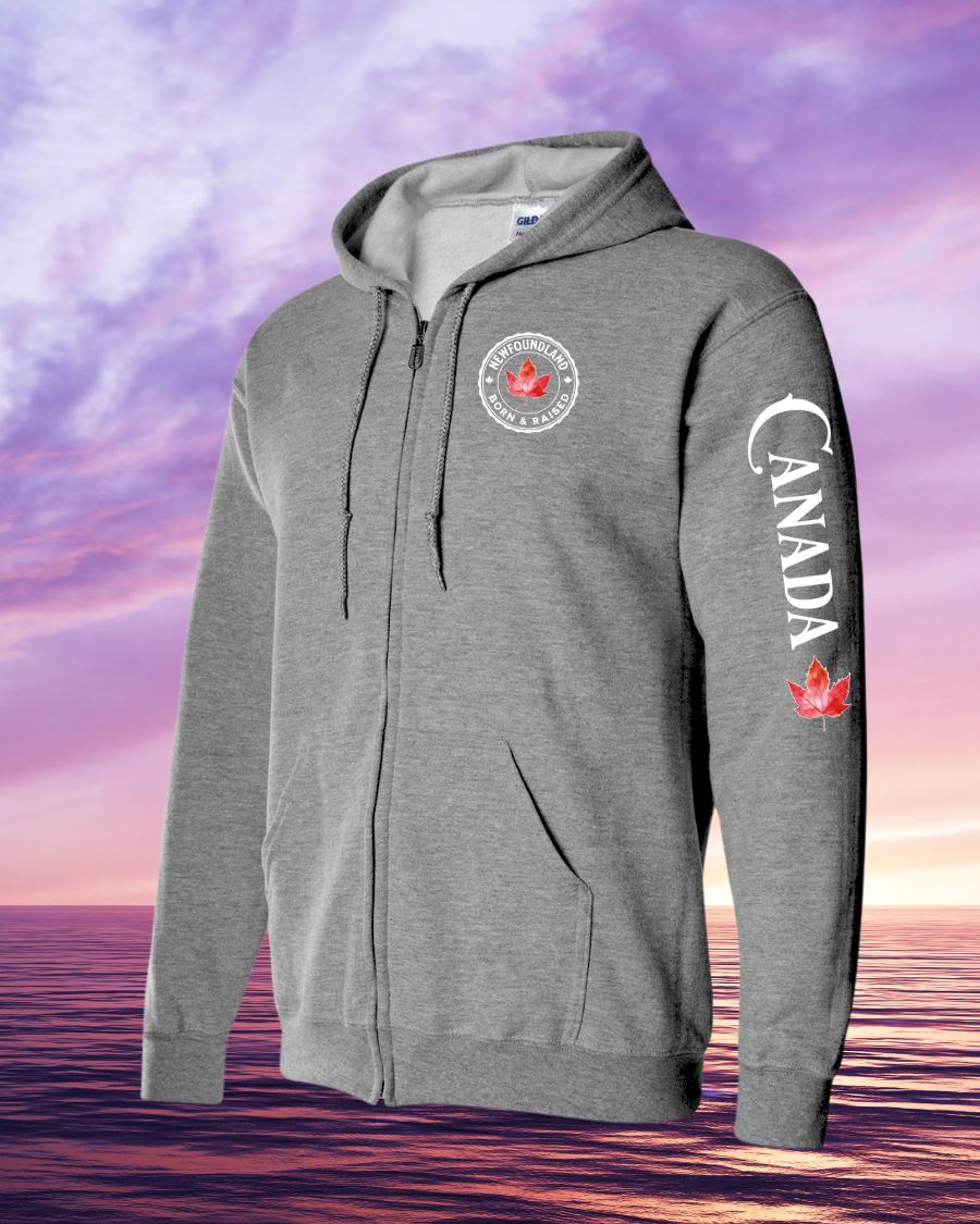 Born and Raised NFLD Canada left chest and sleeve Zip Hoodie - Unisex