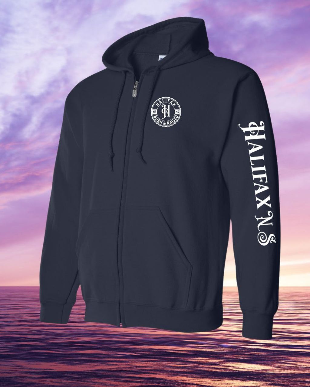 Born & Raised in Halifax left chest and sleeve Zip Hoodie - Unisex