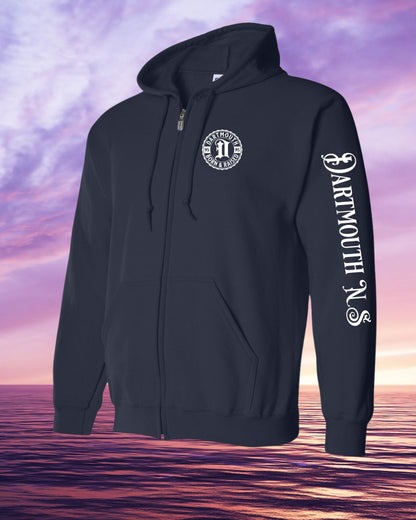 Born & Raised in Dartmouth left chest and sleeve Zip Hoodie