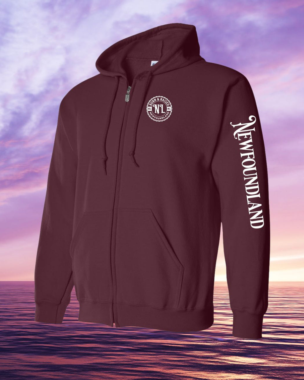 Born & Raised in NFLD left chest and sleeve Zip Hoodie - Unisex
