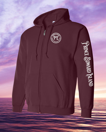 Born & Raised in PEI left chest and sleeve Zip Hoodie