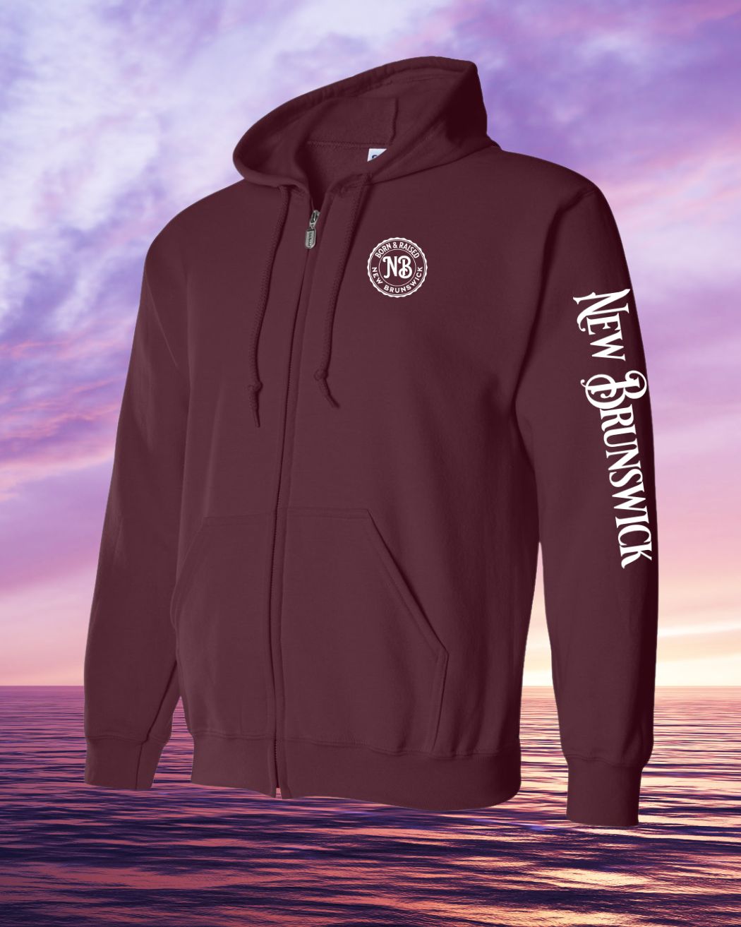 Born & Raised in NB left chest and sleeve Zip Hoodie