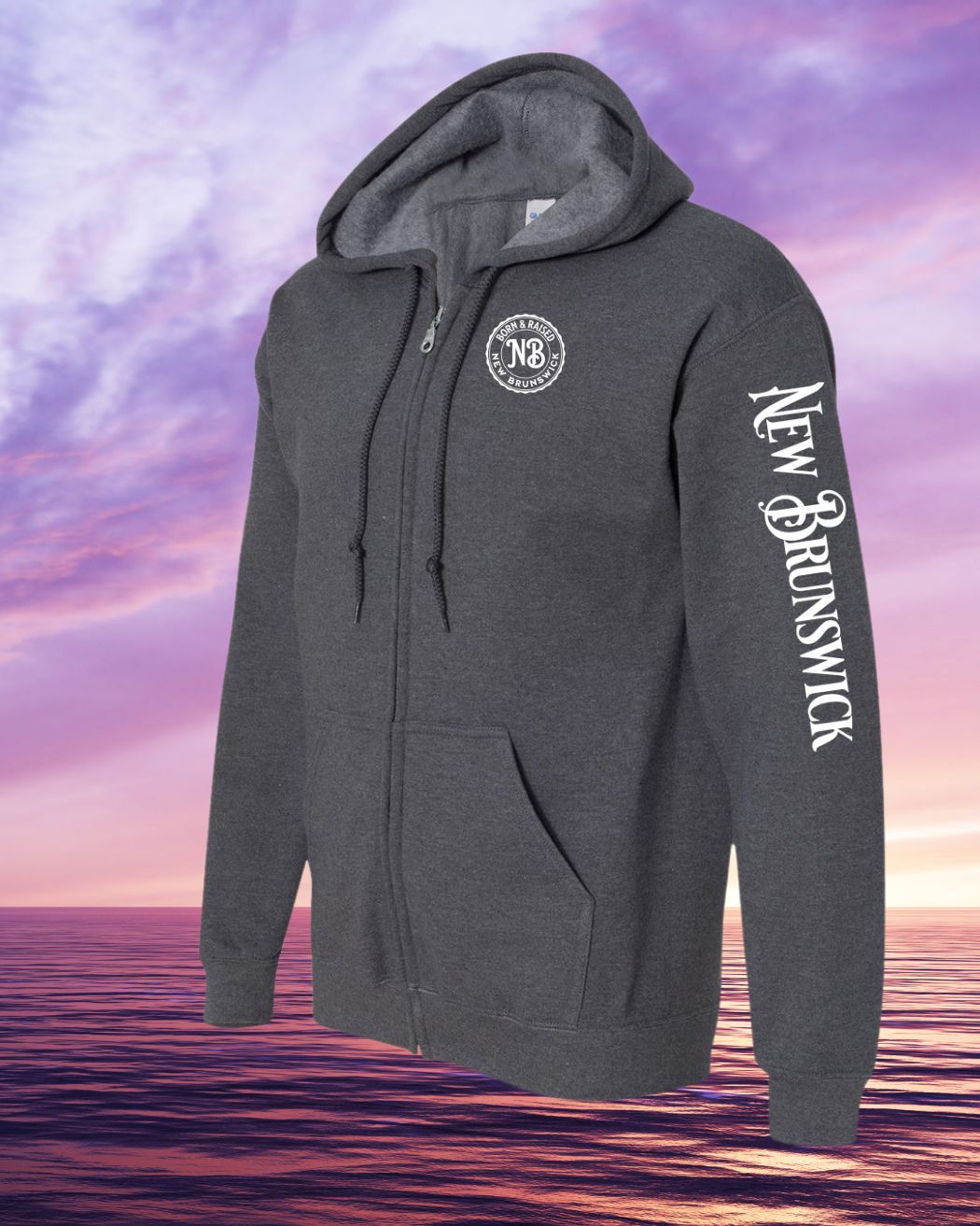 Born & Raised in NB left chest and sleeve Zip Hoodie