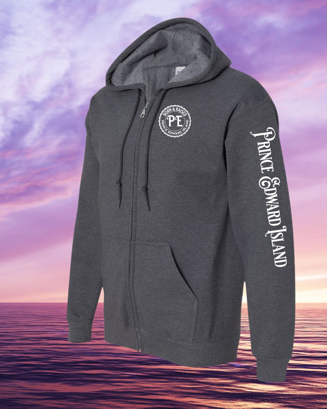 Born & Raised in PEI left chest and sleeve Zip Hoodie