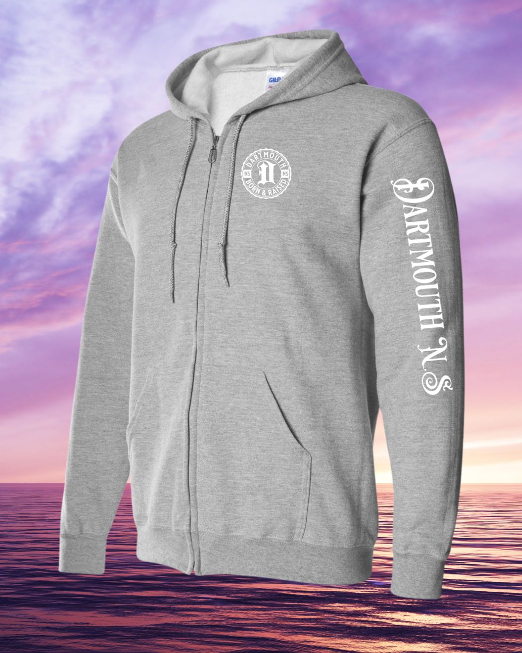 Born & Raised in Dartmouth left chest and sleeve Zip Hoodie