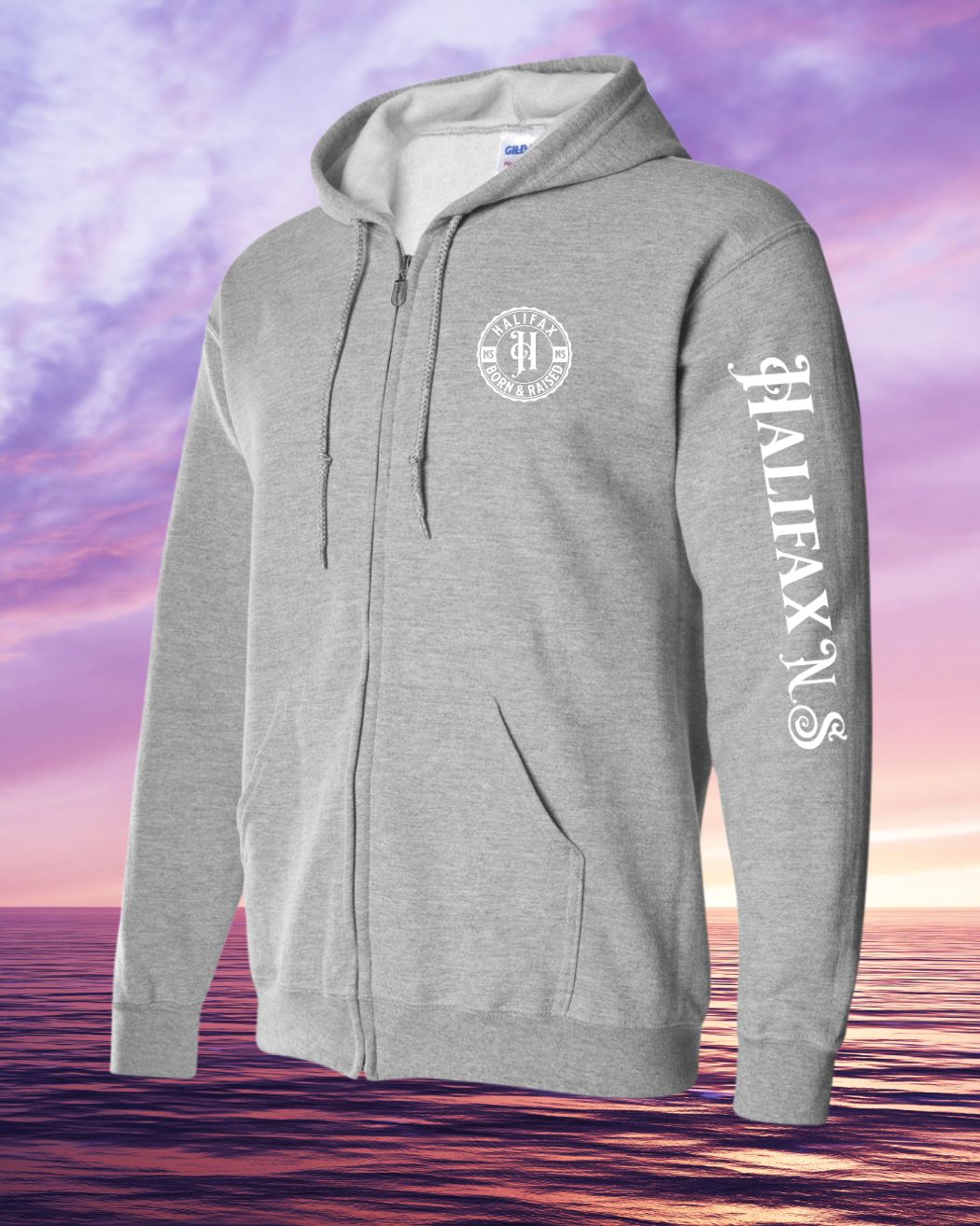 Born & Raised in Halifax left chest and sleeve Zip Hoodie