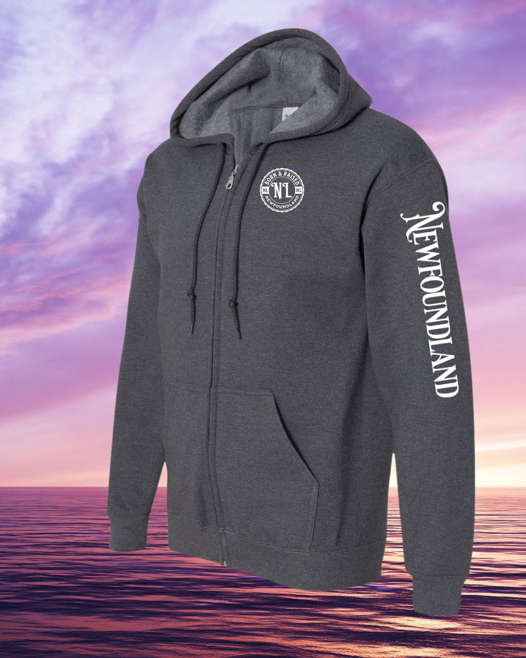 Born & Raised in NFLD left chest and sleeve Zip Hoodie - Unisex