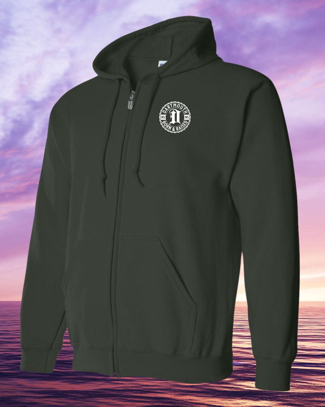 Born & Raised in Dartmouth left chest Zip Hoodie