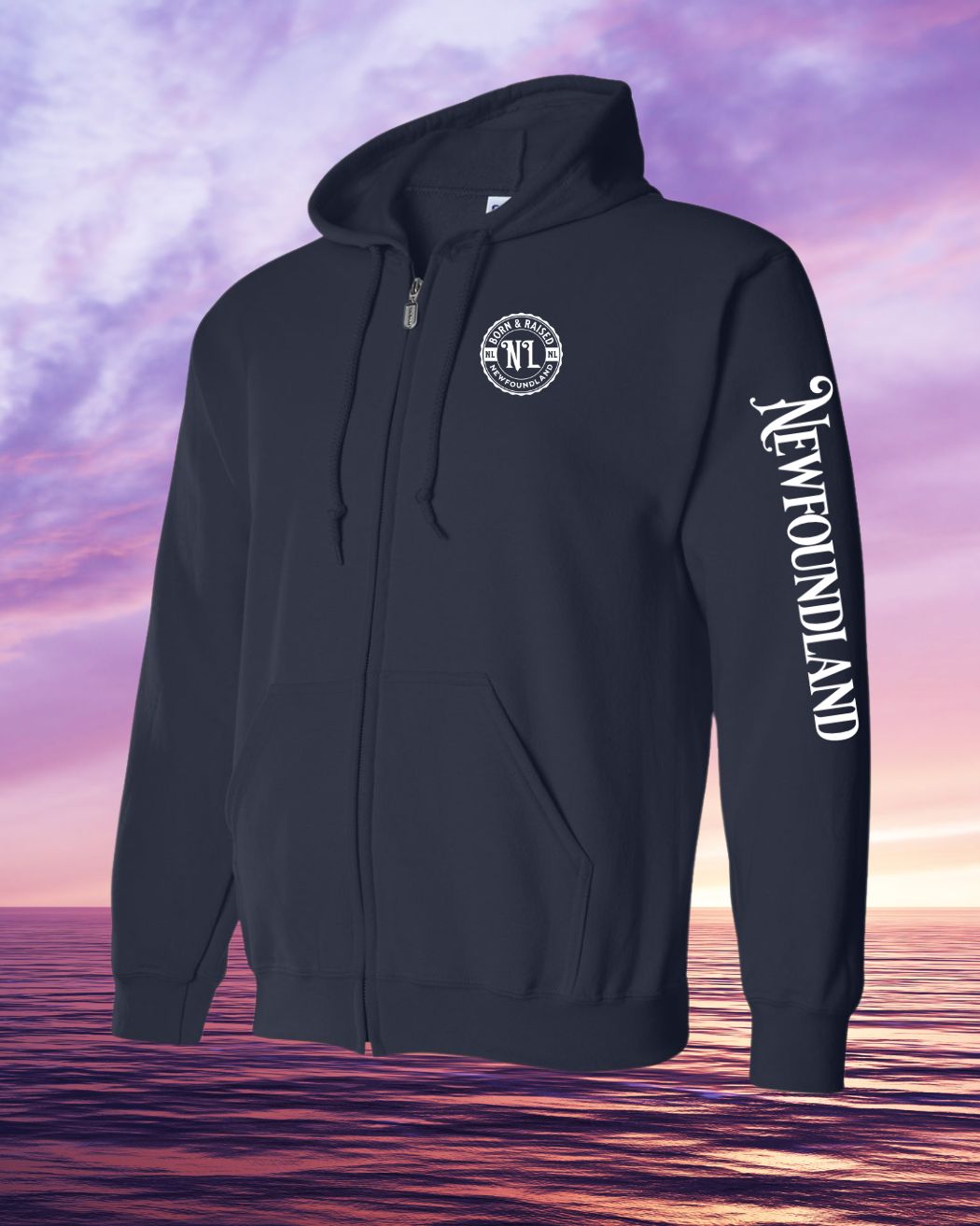 Born & Raised in NFLD left chest and sleeve Zip Hoodie - Unisex