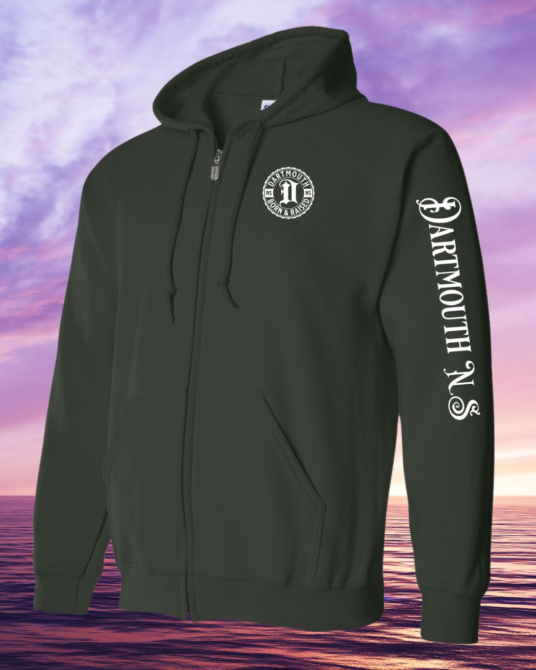 Born & Raised in Dartmouth left chest and sleeve Zip Hoodie