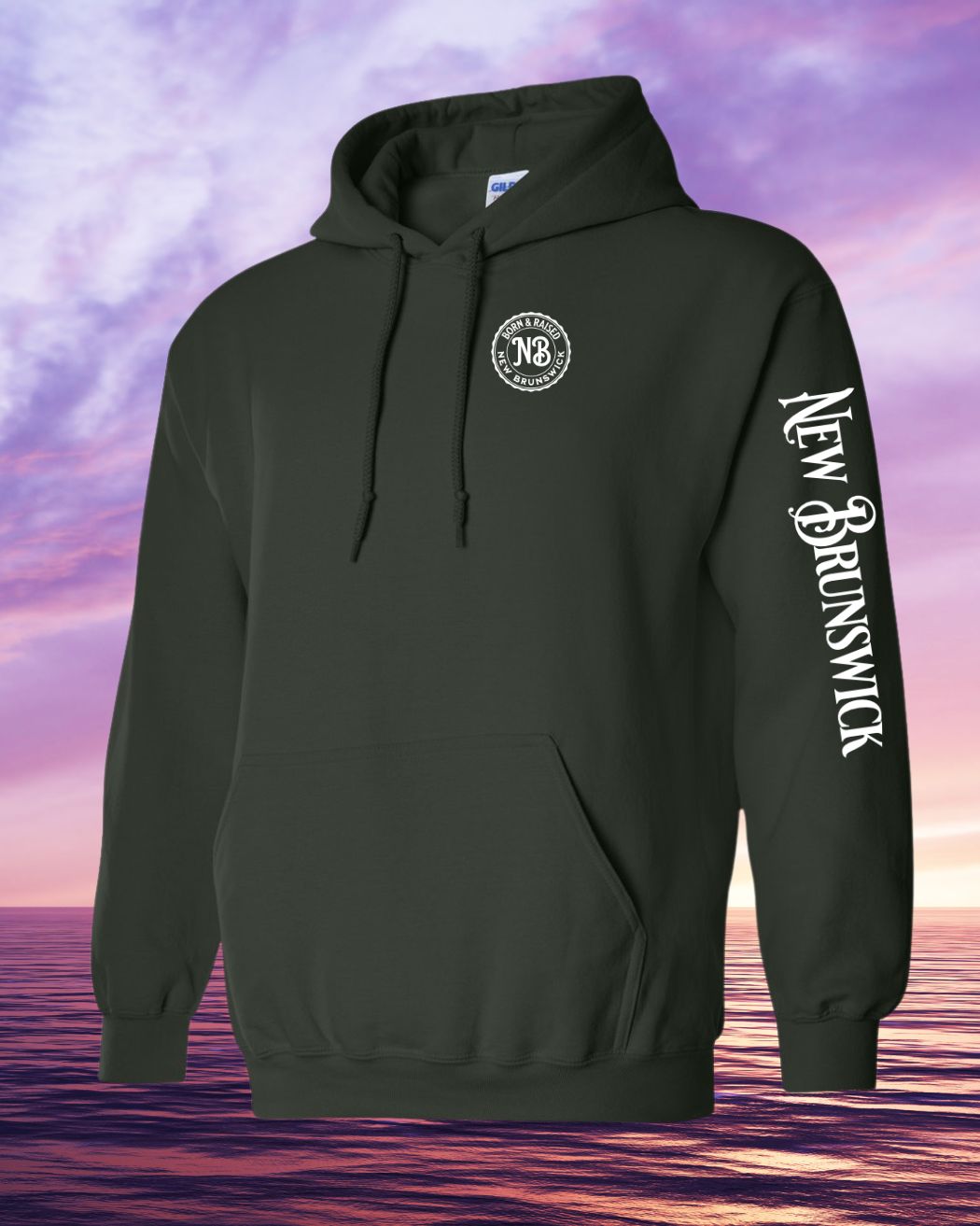 Born & Raised in New Brunswick Hoodie Left Chest and Sleeve