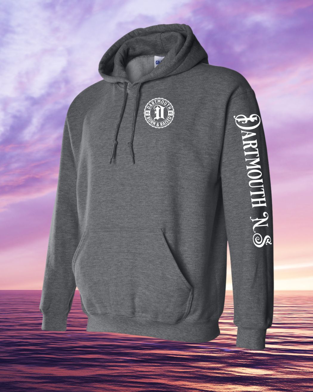 Born & Raised in Dartmouth left chest and Sleeve Hoodie