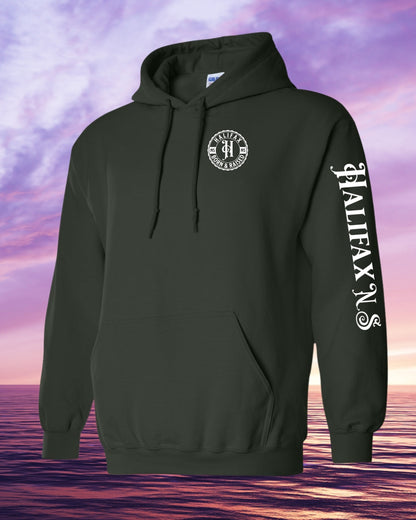 Born & Raised in Halifax left chest and sleeve Hoodie