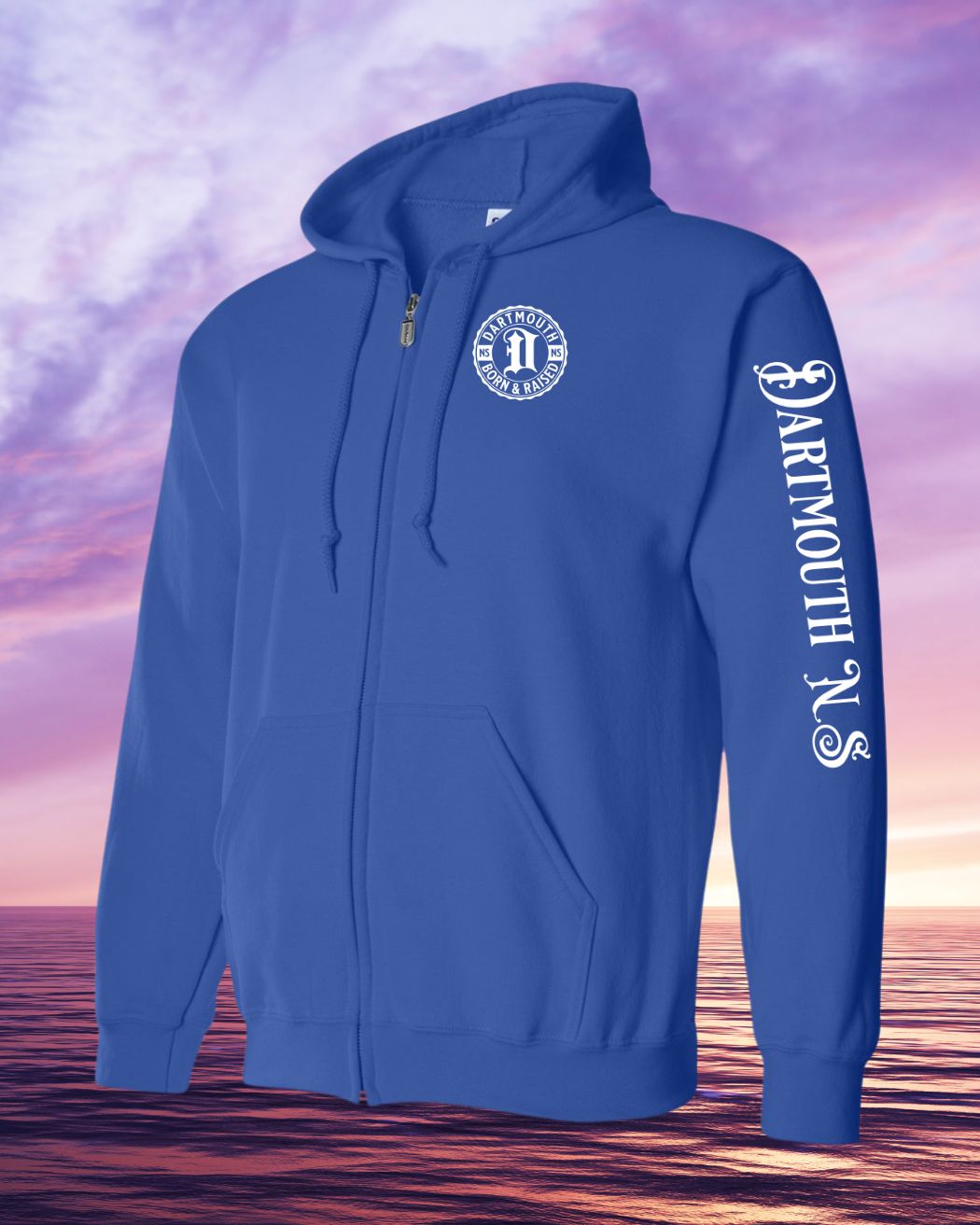 Born & Raised in Dartmouth left chest and sleeve Zip Hoodie