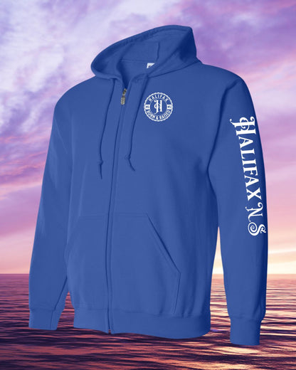 Born & Raised in Halifax left chest and sleeve Zip Hoodie