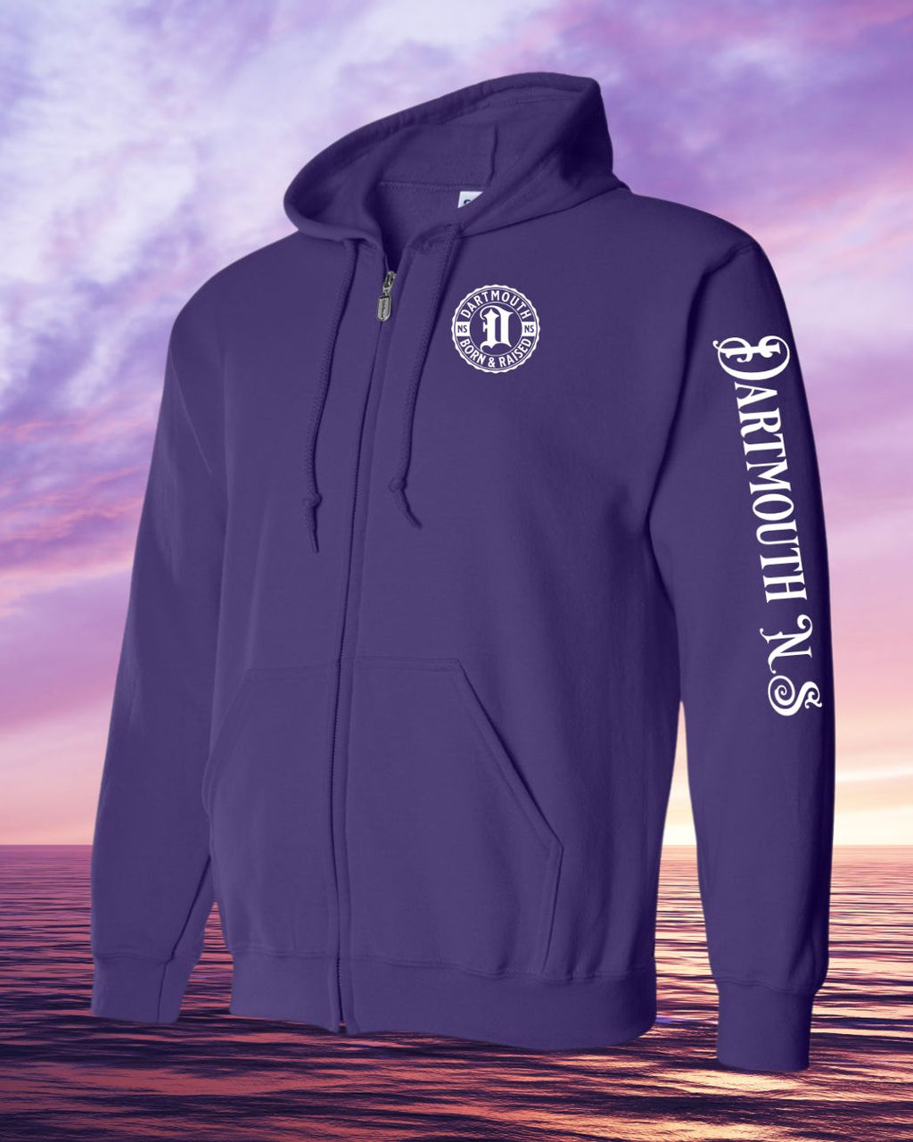 Born & Raised in Dartmouth left chest and sleeve Zip Hoodie - Unisex