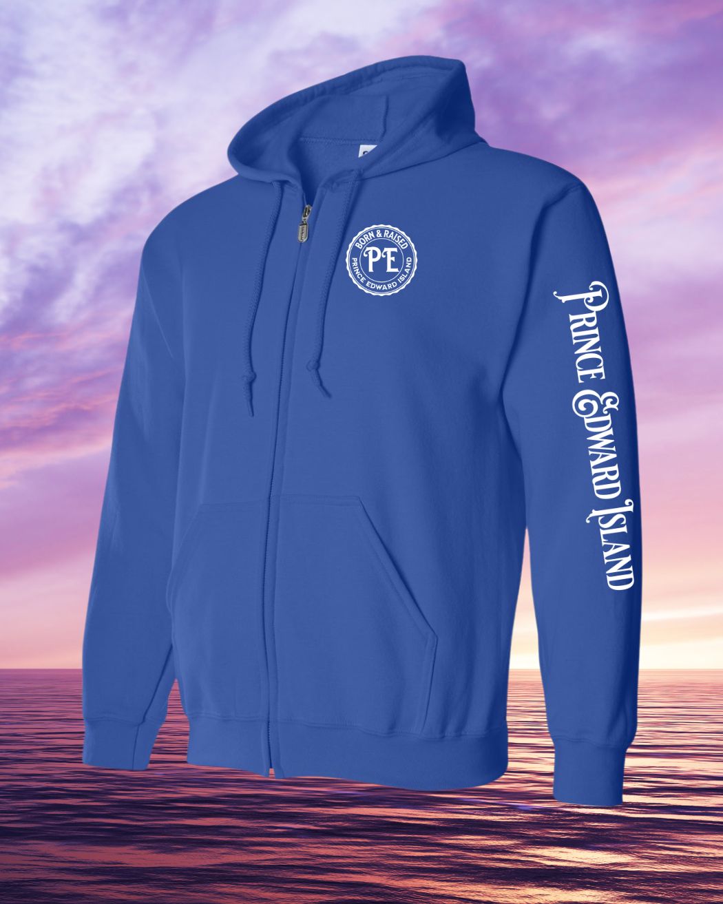 Born & Raised in PEI left chest and sleeve Zip Hoodie