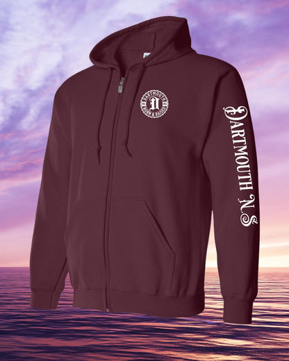 Born & Raised in Dartmouth left chest and sleeve Zip Hoodie