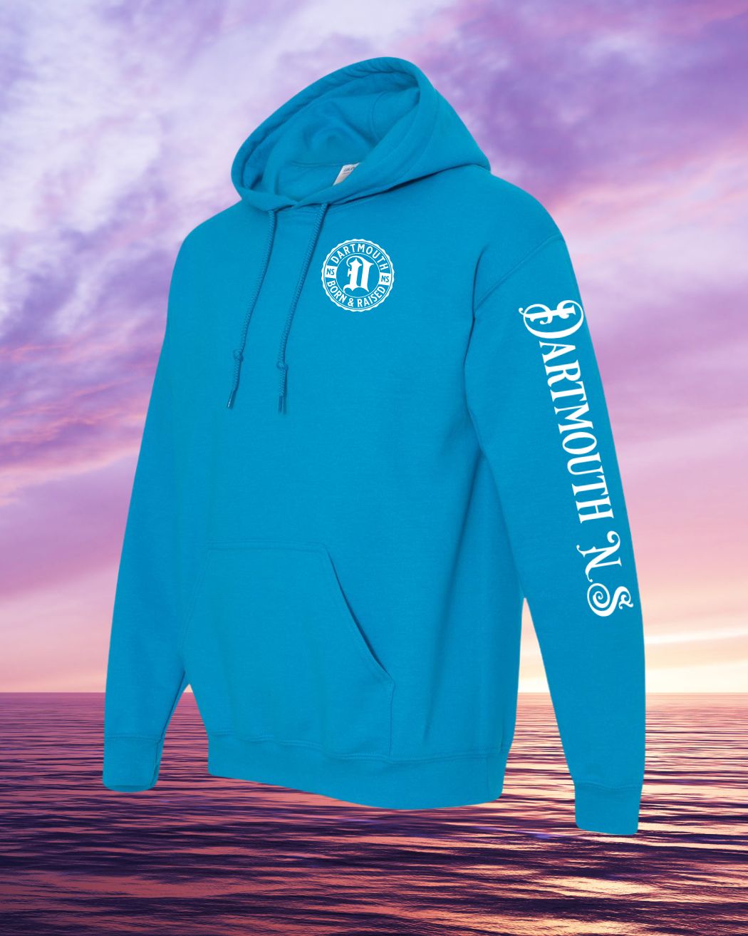 Born & Raised in Dartmouth left chest and Sleeve Hoodie