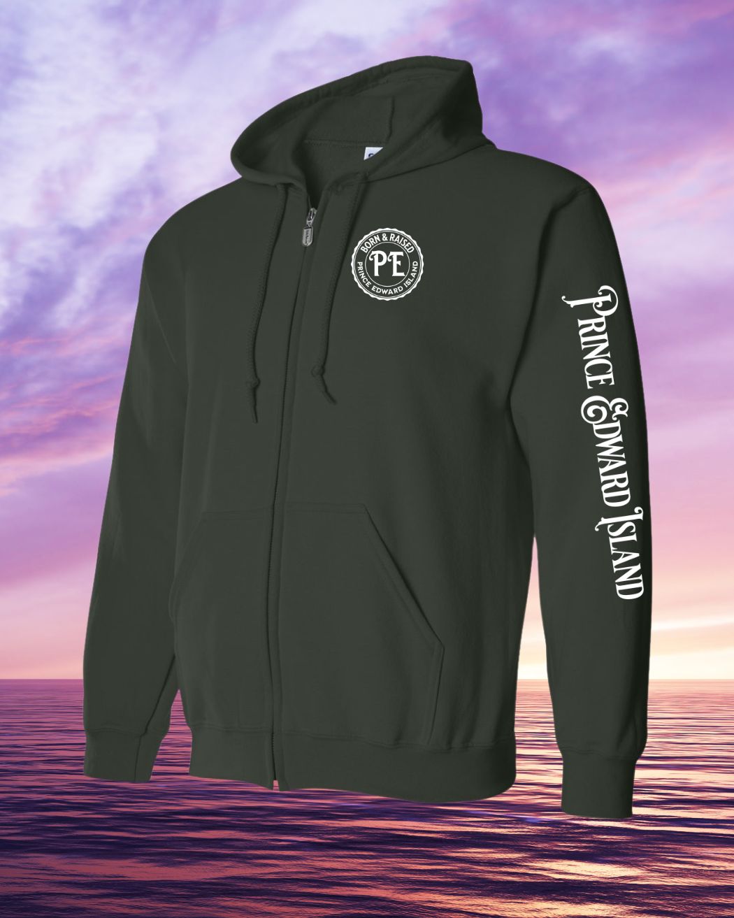 Born & Raised in PEI left chest and sleeve Zip Hoodie