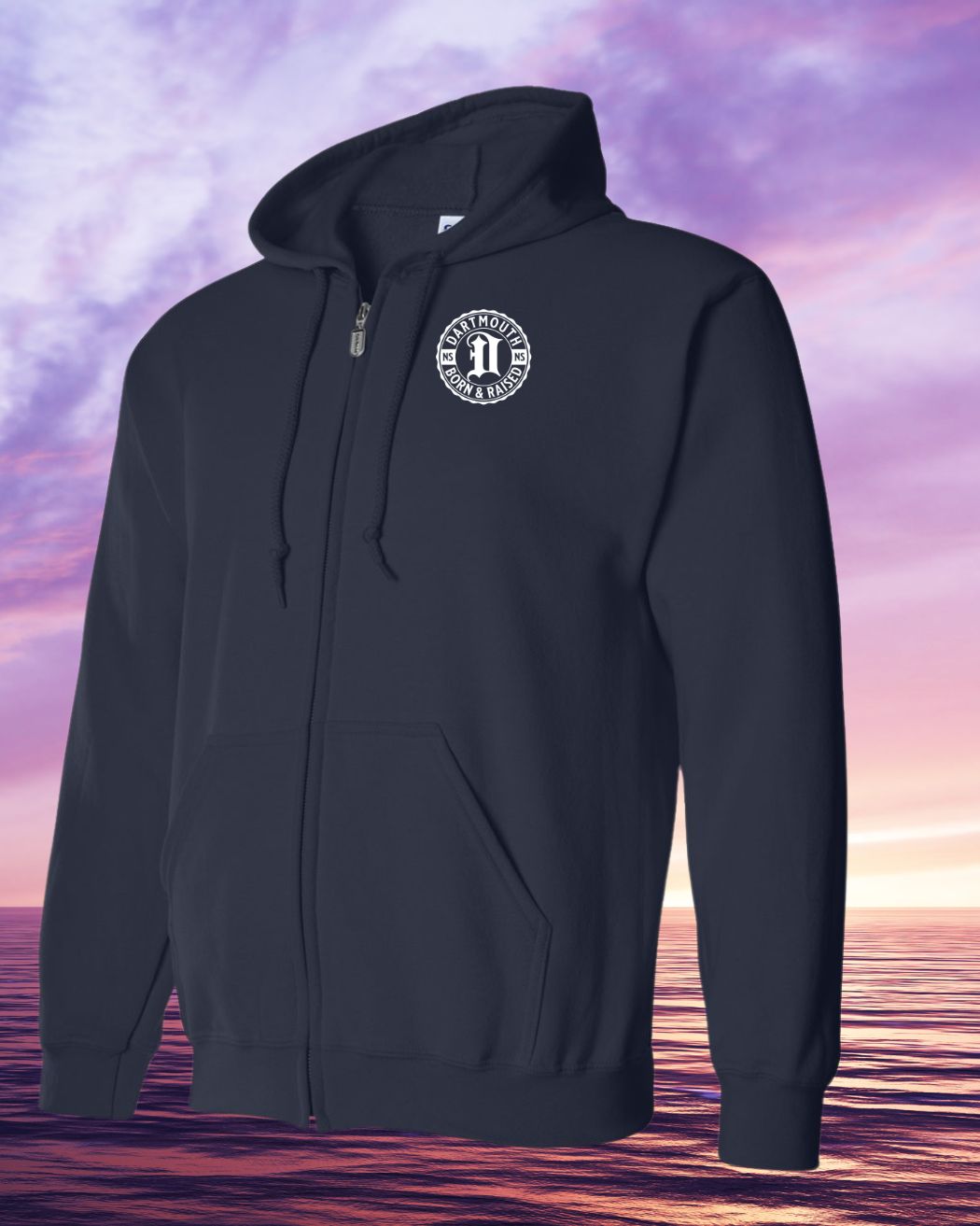 Born & Raised in Dartmouth left chest Zip Hoodie